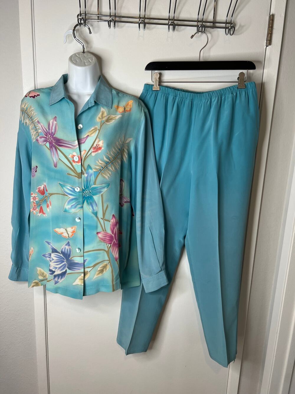 VTG Mureli Women's 100% Silk Button Up Shirt Pants Outfit Set Blue Floral Size S